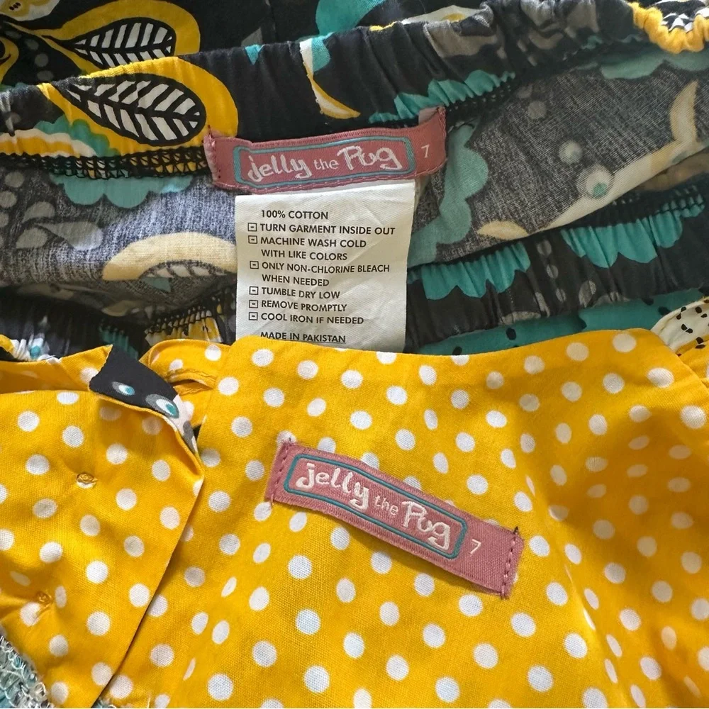 Jelly the Pug Vibrant Yellow Teal and Black 2 Piece Outfit girls size 7 Birds